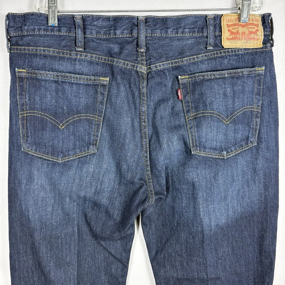 Levis 514 Men's 40x29.5 Distressed 5 Pocket Straight Dark Denim Blue Jeans 2014